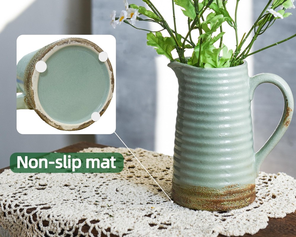 Ceramic Rustic Vase with Handle, Green Distressed Decorative Farmhouse Pitche...