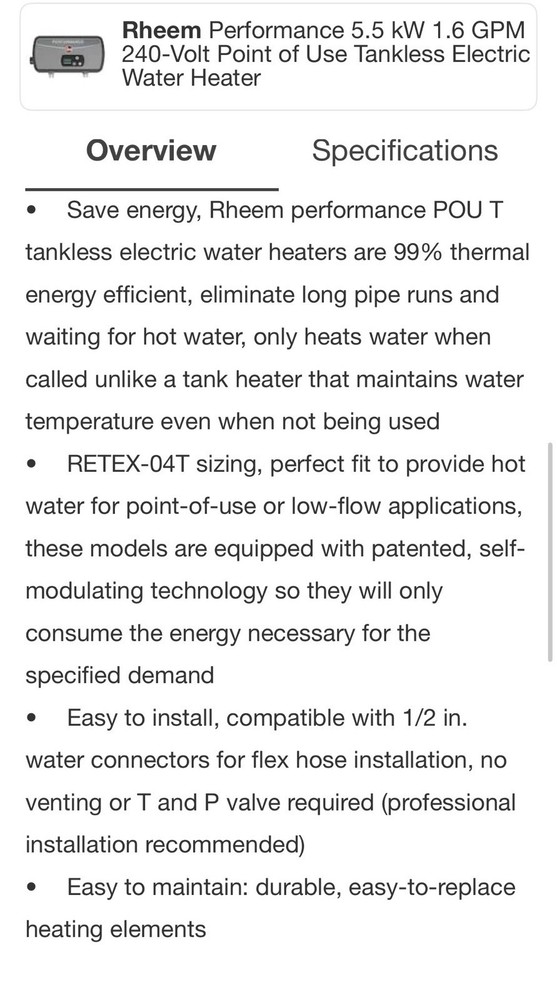 Rheem RETEX 06T - 6.5 kW 240v Tankless Electric Water Heater NIB