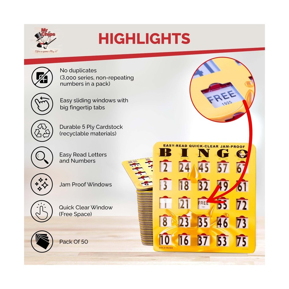 MR CHIPS Jam-Proof Easy-Read Quick-Clear Large Print Fingertip Slide Bingo Ca...