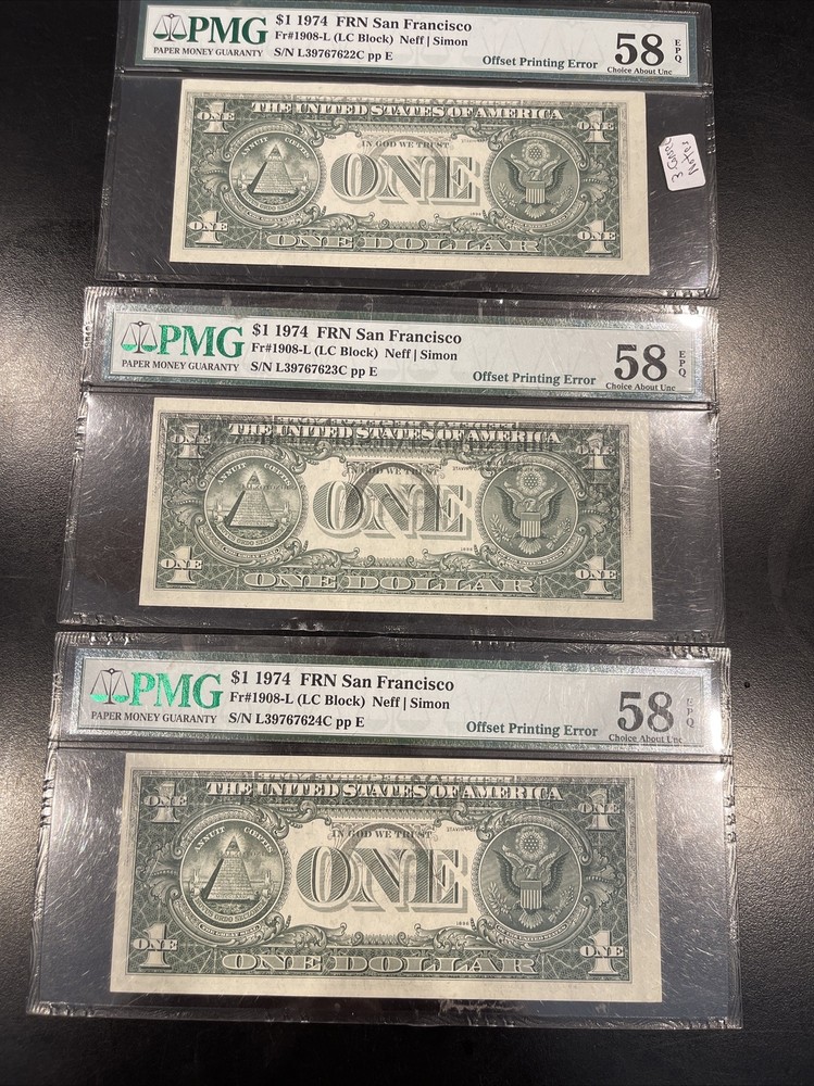 3x Error PMG 58 EPQ FRN $1 Consecutive Serial Notes 1974