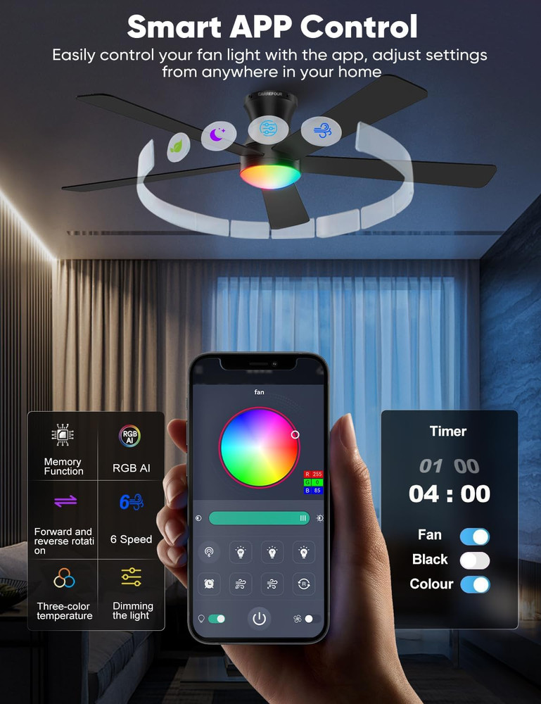 52" Modern Ceiling Fan with RGB Lights, Remote & App Control, 6 Speeds