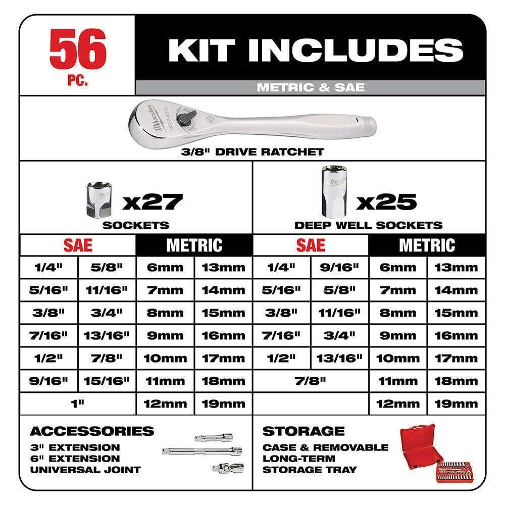 MILWAUKEE 56-Piece Chrome Socket Set- 3/8" Drive, Deep Sockets, 3&6in Extensions