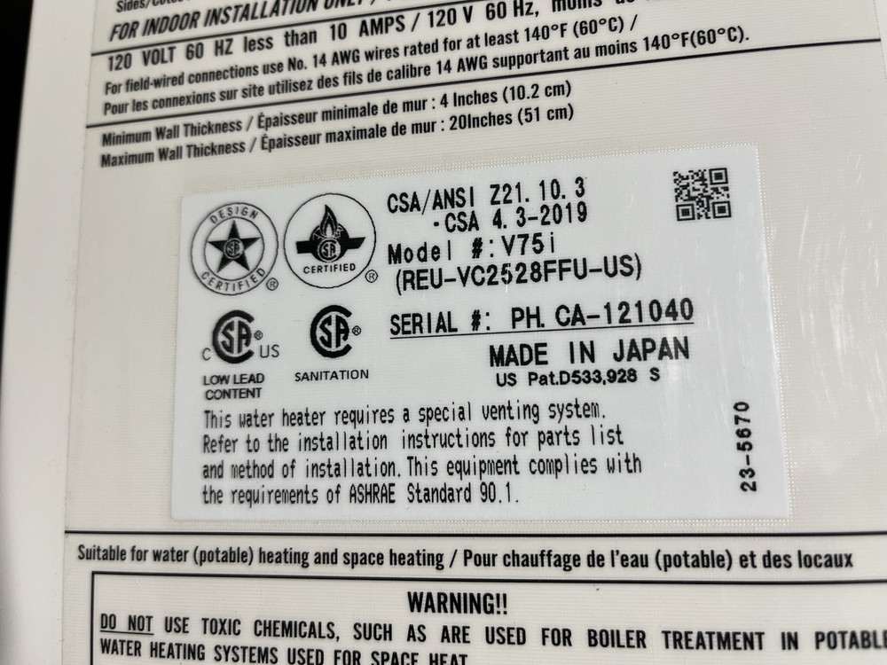 Rinnai V75iN Indoor Tankless Water Heater 180k BTU Natural Gas (B-29 #1640)