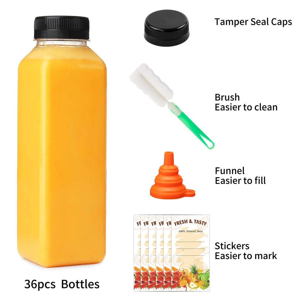 36 PCS 16oz Empty Plastic Juice Bottles With Caps Clear Beverage Container