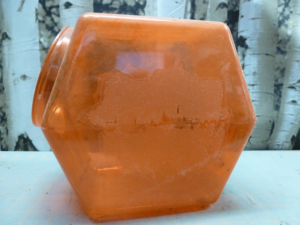 (A) *Cracked* VTG Ferrara Pan Atomic Fire Ball Candy Jar, Red Plastic Container