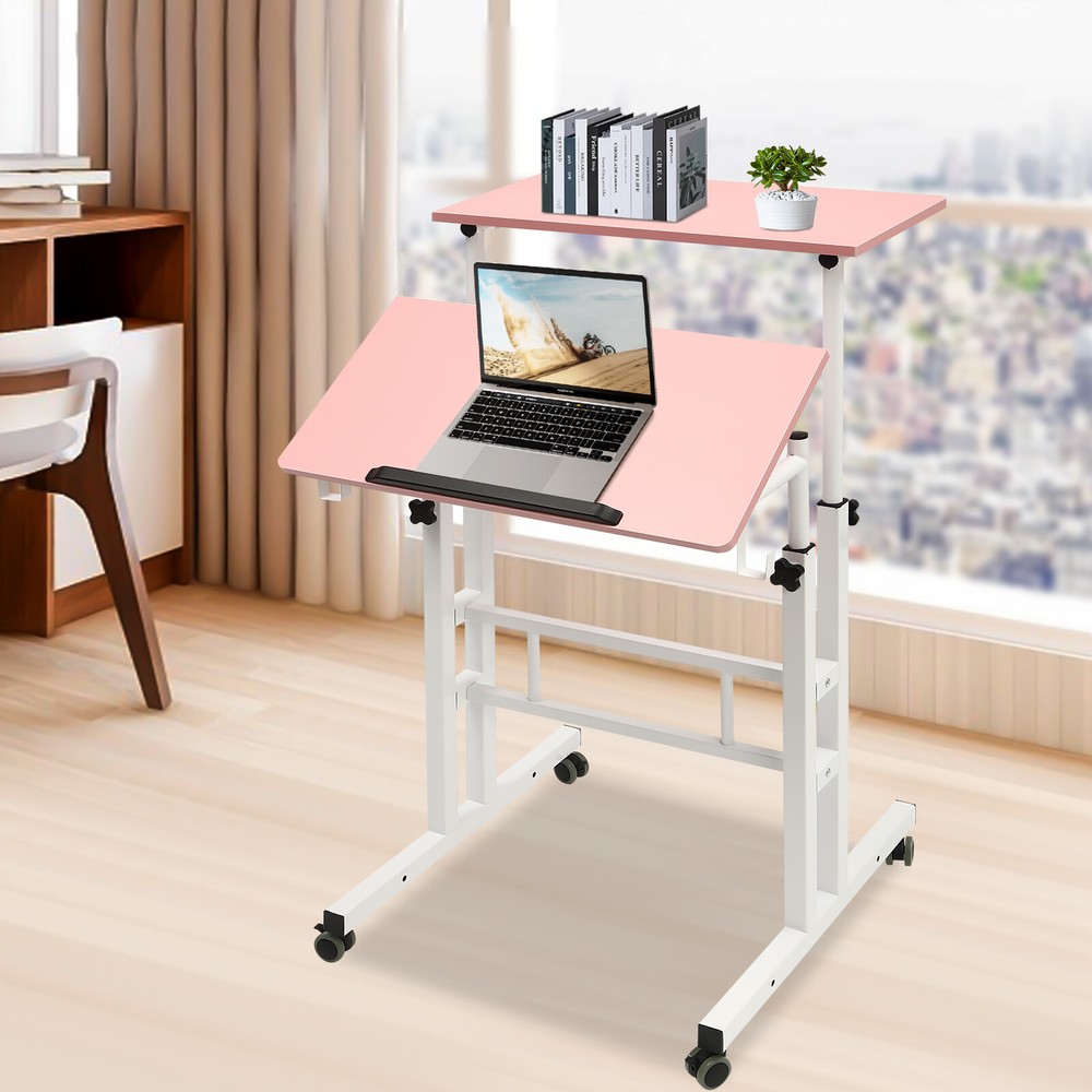 Mobile Adjustable Standing Desk with Dual Desktop for Home & Office