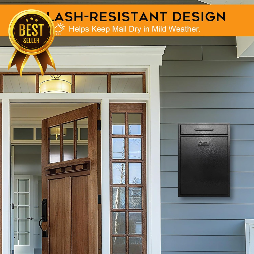 Wall Mount Locking Mailbox Combination Security Key Drop Box XL Black