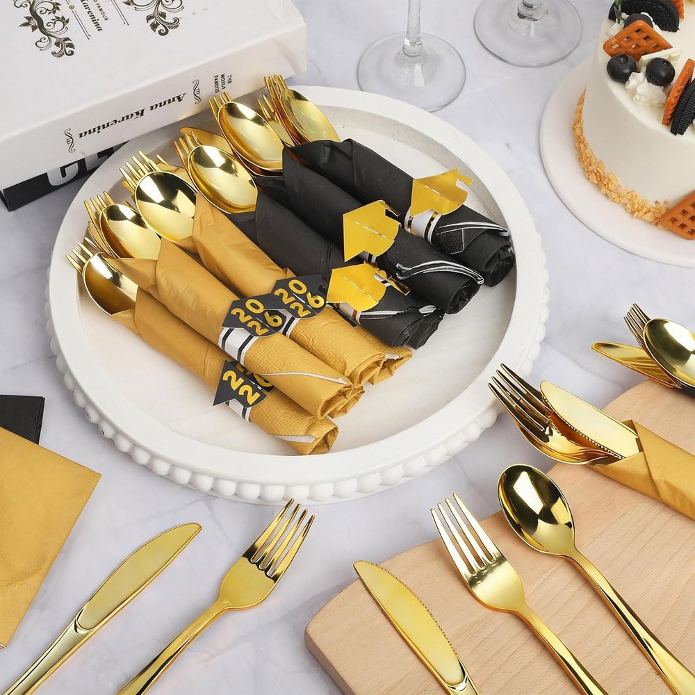 50 Pack Pre Rolled Gold Plastic Silverware Sets Graduation Heavy Duty Plastic...