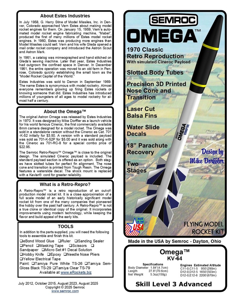 Semroc Flying Model Rocket Kit Omega KV-64