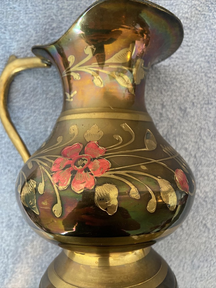 Vintage Hand-Painted copper Water Pitcher 6 “ tall