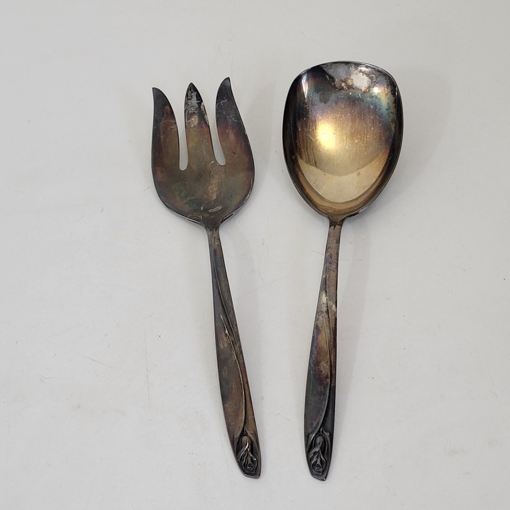 International Deep Silver Salad Servers with Rose Design