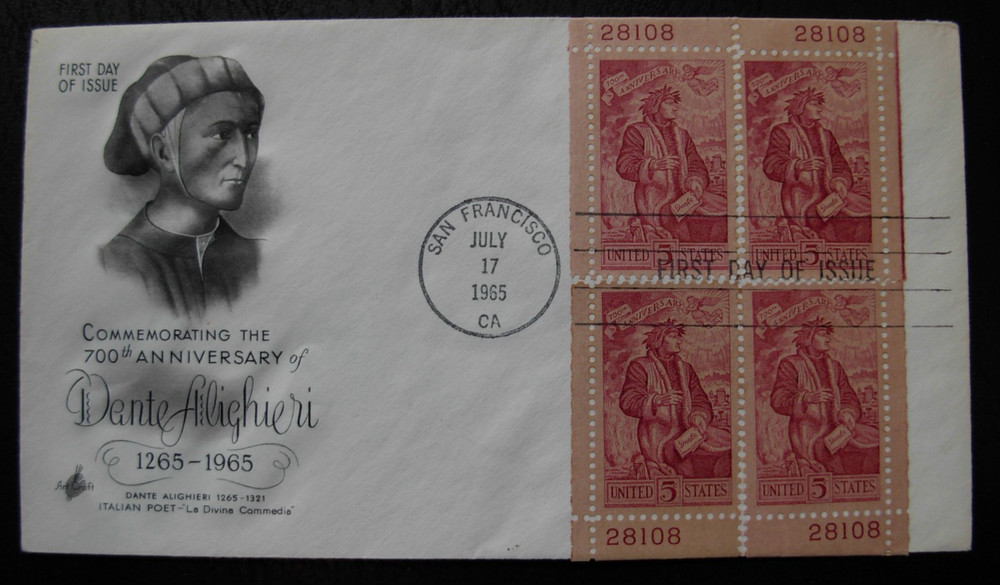 1268 Dante Alighieri FDC - Matched Set Single Plate #s