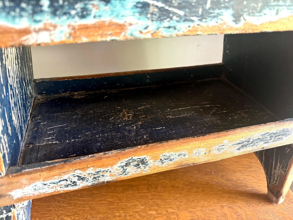 Antique Wooden Stool with Distressed Paint | Distressed Blue Primitive Stool