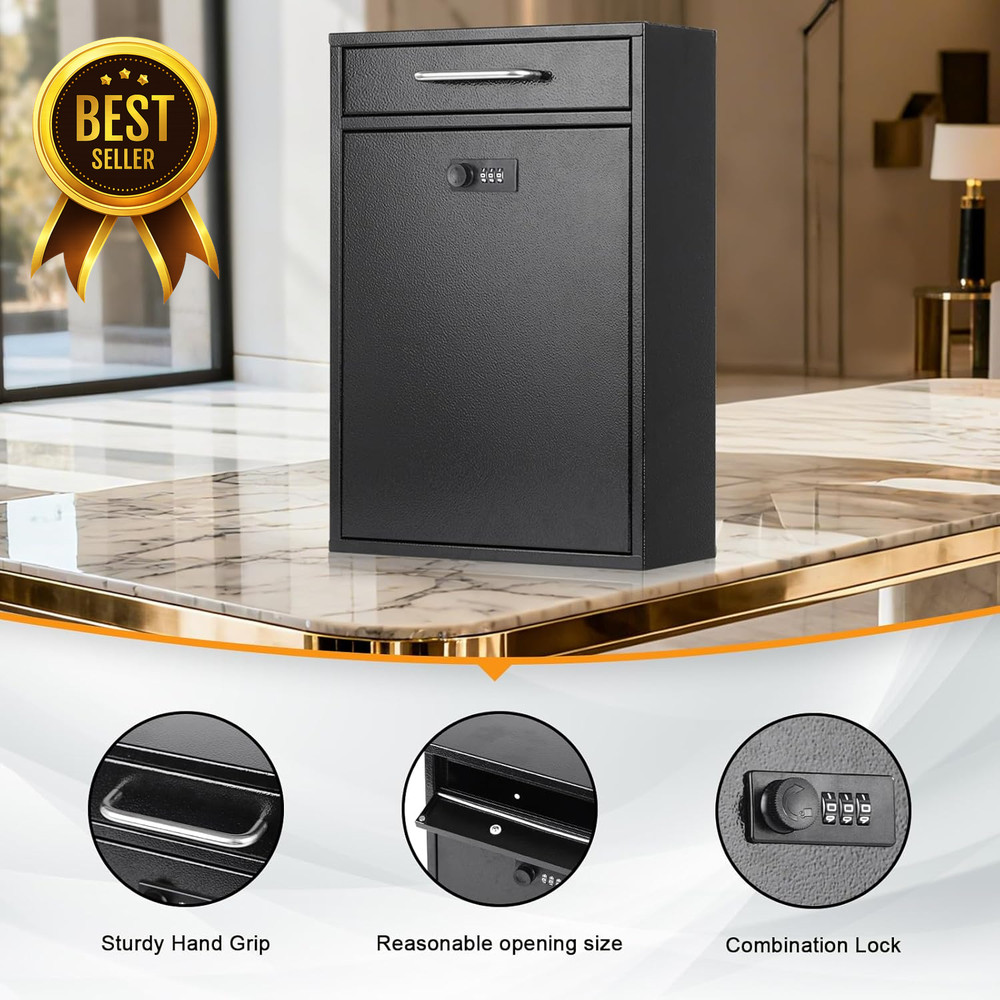 Wall Mount Locking Mailbox Combination Security Key Drop Box XL Black