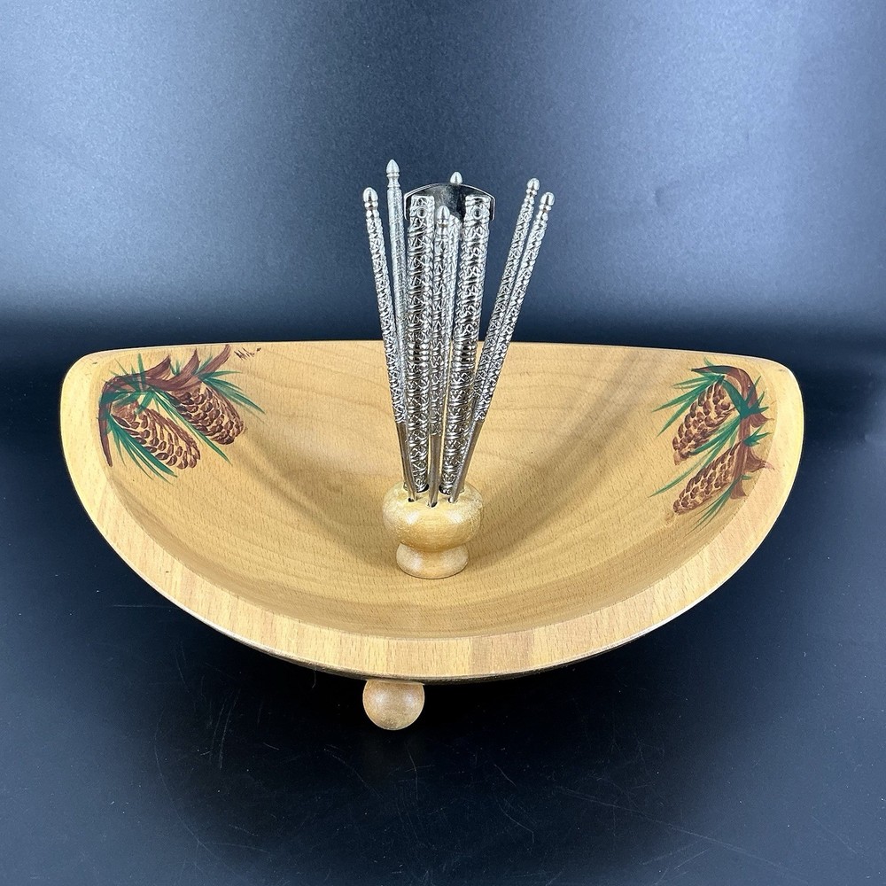 Vintage Wood Nut Bowl Pinecones Hand Painted With Nut Cracker Pick Tools Signed