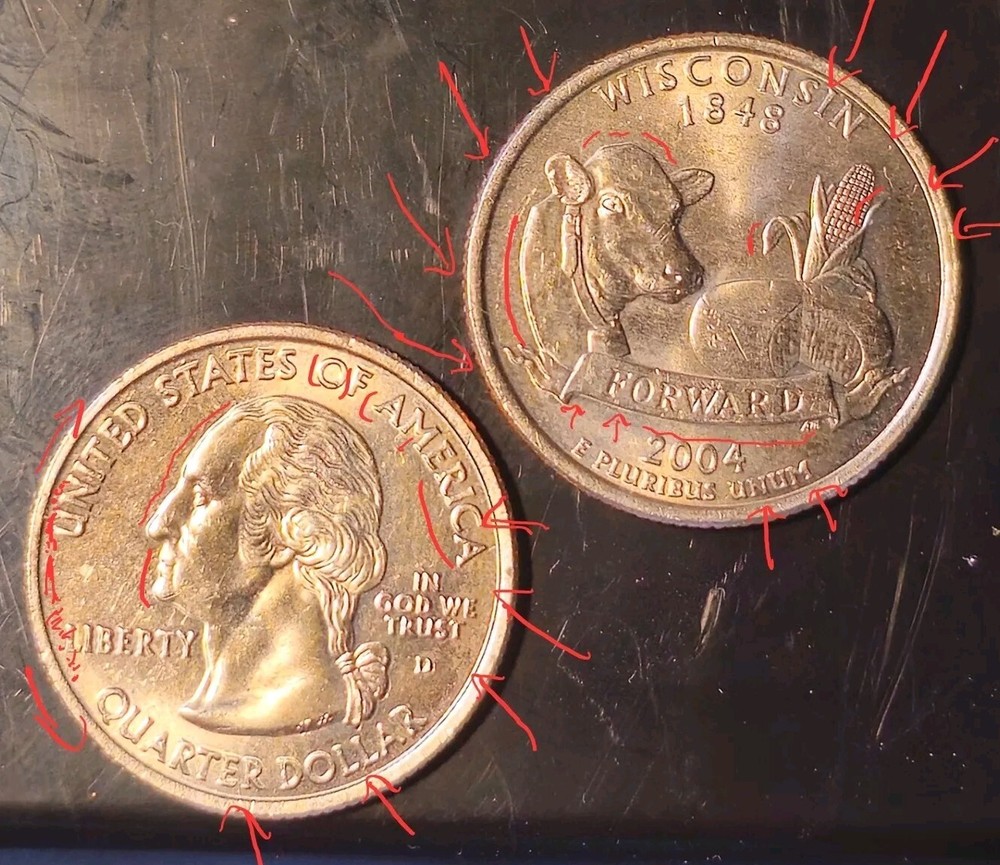 Two Wisconsin State QUARTER Error Coins (NOT LEAF) 2004