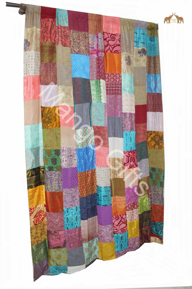 Handmade Patchwork Door Curtains Boho Decor Valances Panels Silk Sari Indian