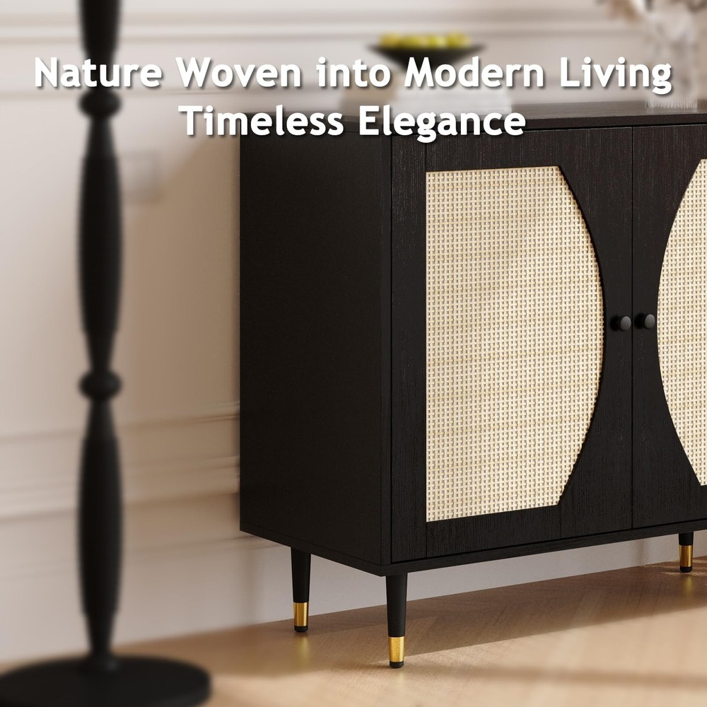 4ever2buy Rattan Buffet Cabinet Black Sideboard Console Table w/Storage