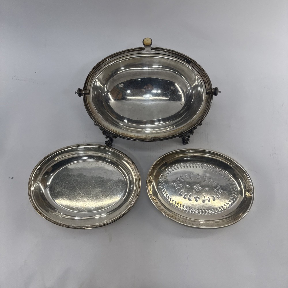 Antique Elkington & Co. Silver Plate Roll top Server Inserts 4 Fleur De Lis Legs