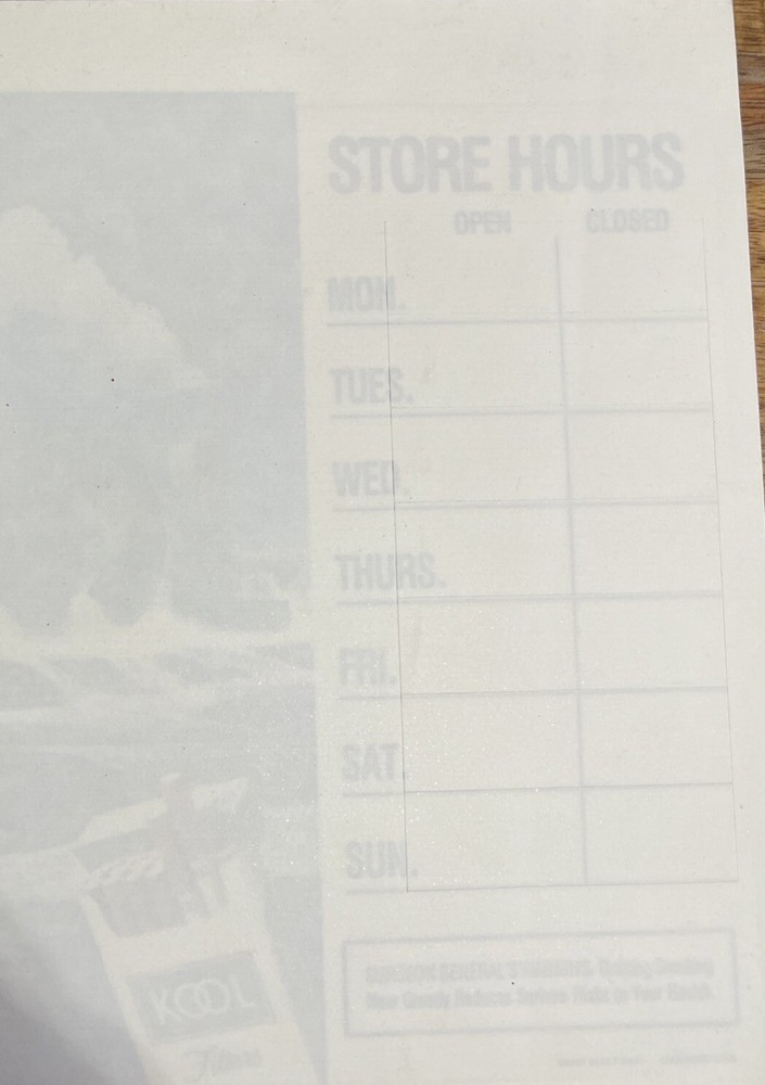 Kool Cigarettes Store Hours Window Decal 1997 New / Never Used