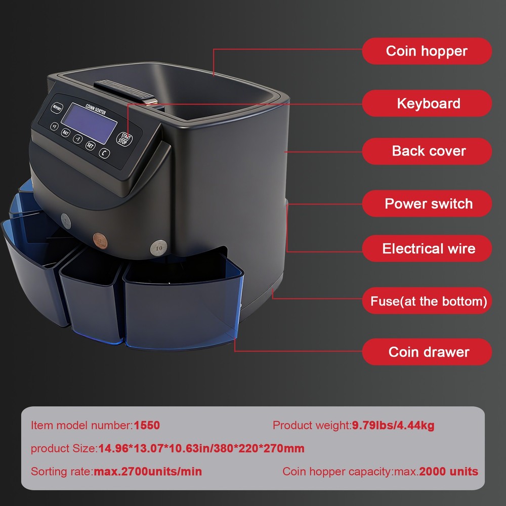 USD Coin Counter Machine, Professional Coin Sorter and Wrapper Roller Machine