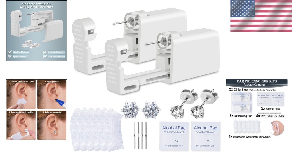 Complete Ear Piercing Kit: Dual Disposable Guns, 16 Components for Safe Piercing