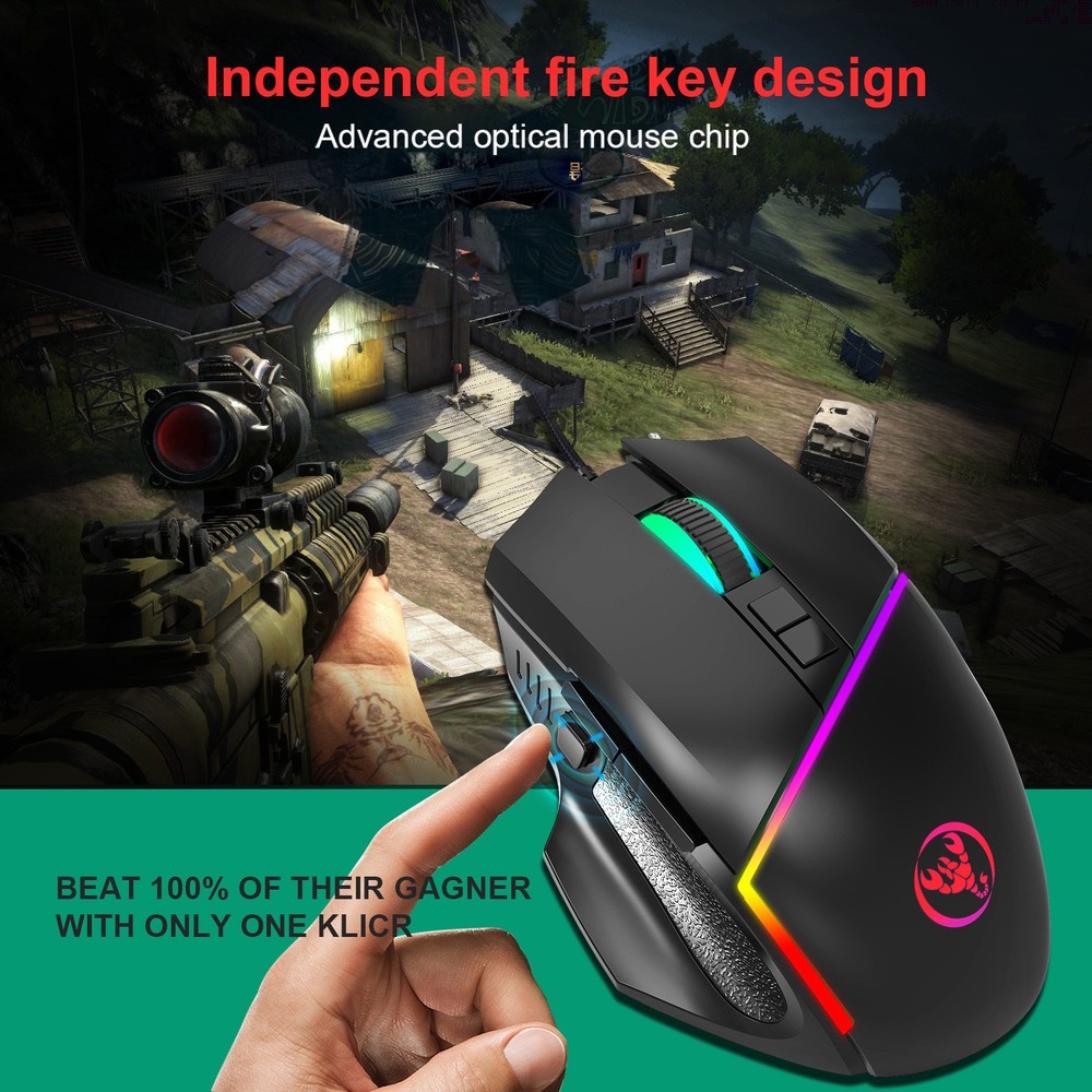 A876 wired gaming mouse with colorful synchronized lighting, 6400dpi adjustable