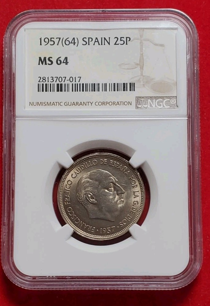 ☆1957 (64) MS64 Spain 25 Pesetas NGC☆
