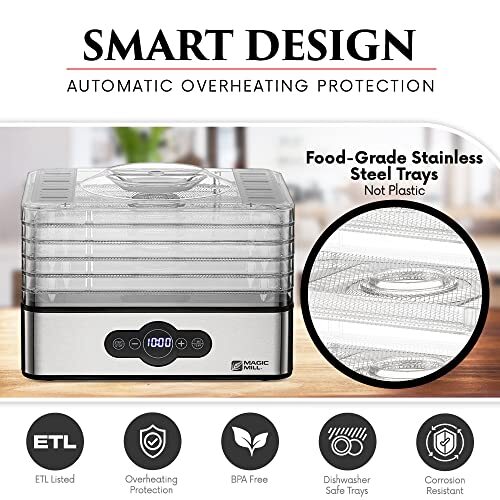 Food Dehydrator Machine | 5 Stackable Stainless Steel Trays Jerky Dryer with ...