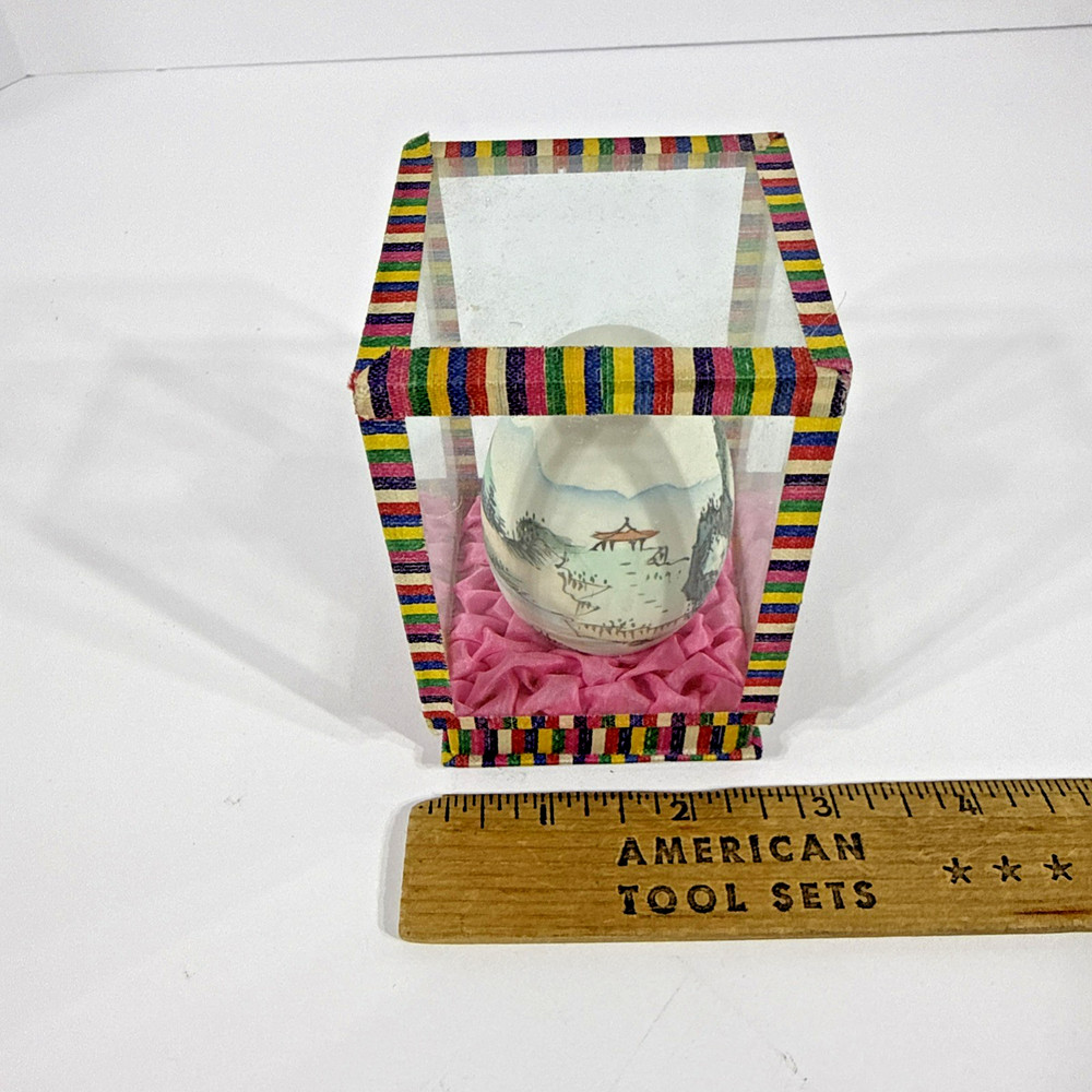 Chinese Painted Egg Shell In Glass Display Case Box ~Vintage
