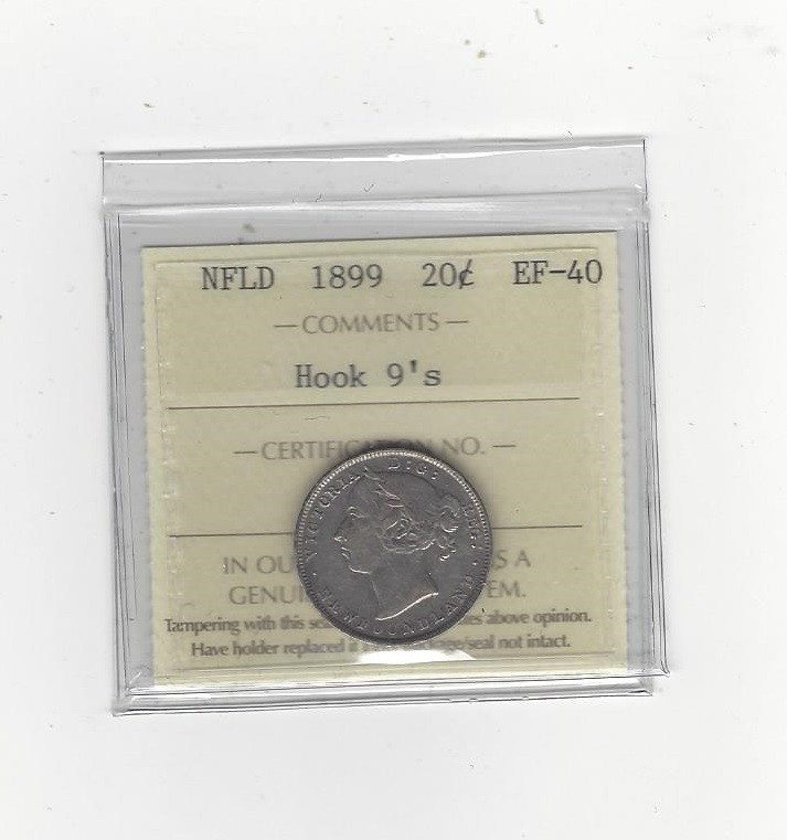 1899  Hook 9's**, ICCS Graded Newfoundland, Twenty Cent, **EF-40**