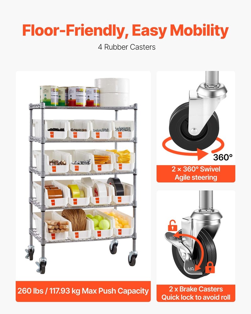 VEVOR Rolling Bin Storage Rack 5-Tier Bin Rack Storage System with 16 Bins