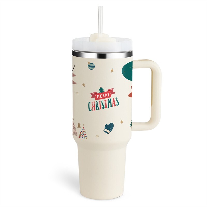 Christmas Thermal Mug 40oz Straw Coffee Insulation Cup With Handle