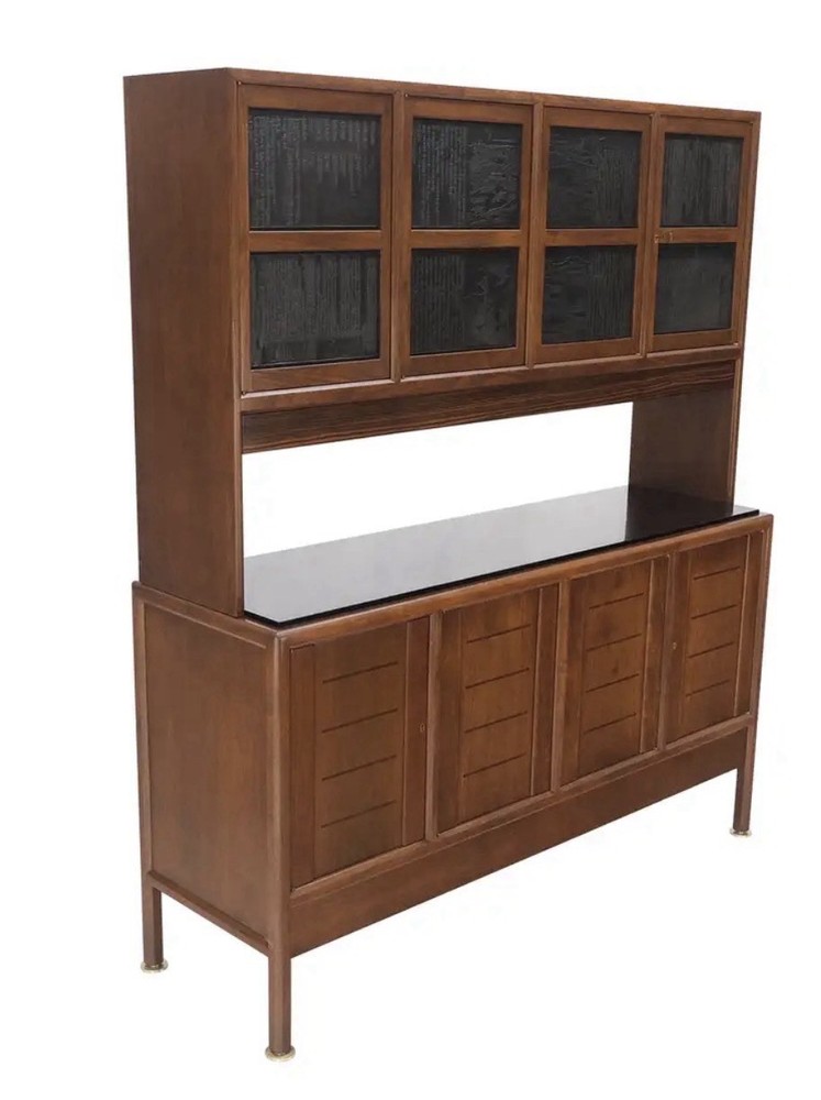 Dunbar Walnut Two Part Sideboard Credenza Breakfront Carved Slate Inserts