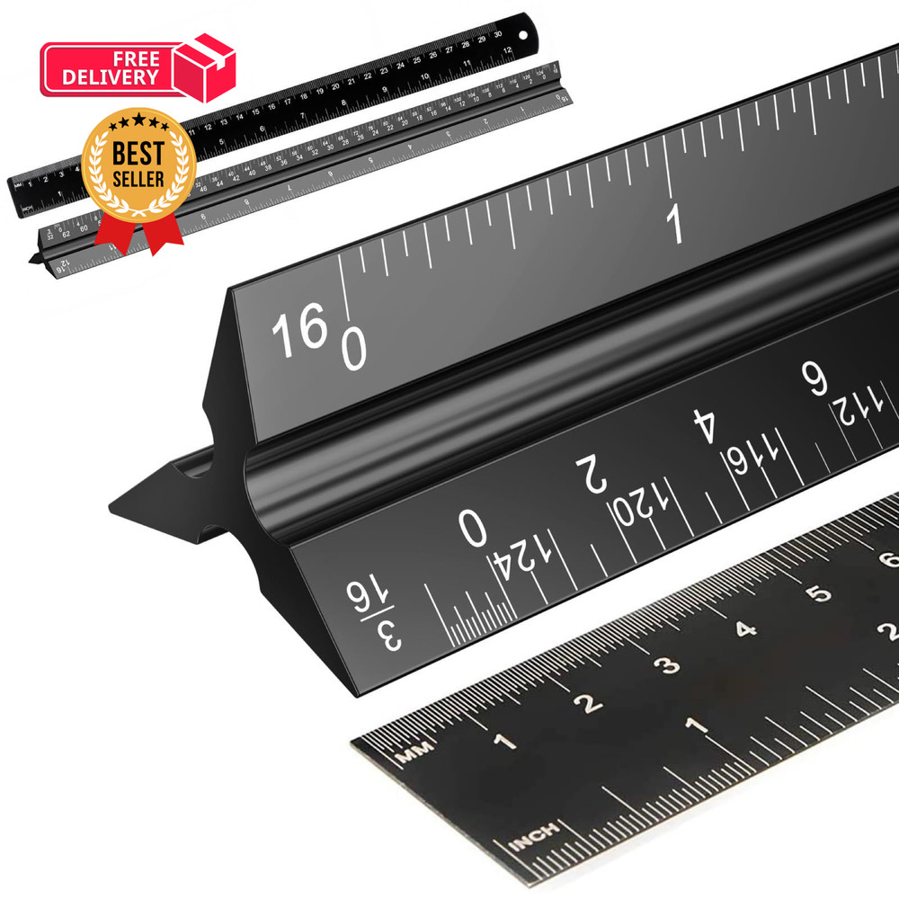 Rena Chris 2Pcs Architectural Scale Ruler, Triangular & Straight Black