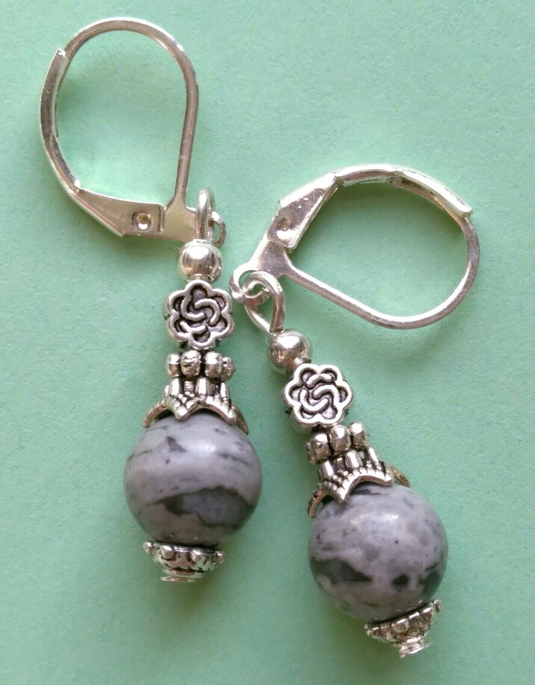 GREY JASPER drop earring SP LEVERBACK handcrafted XGE