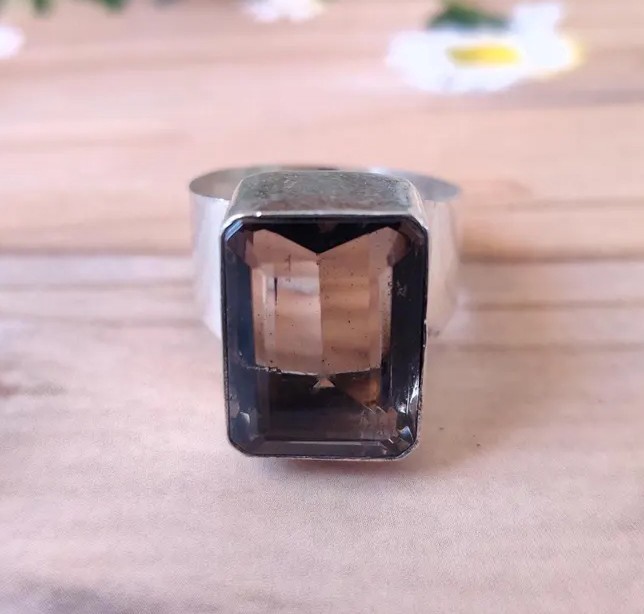 Solid 925 Sterling Silver Natural Smoky Quartz Rectangle Gemstone Wide Band Ring