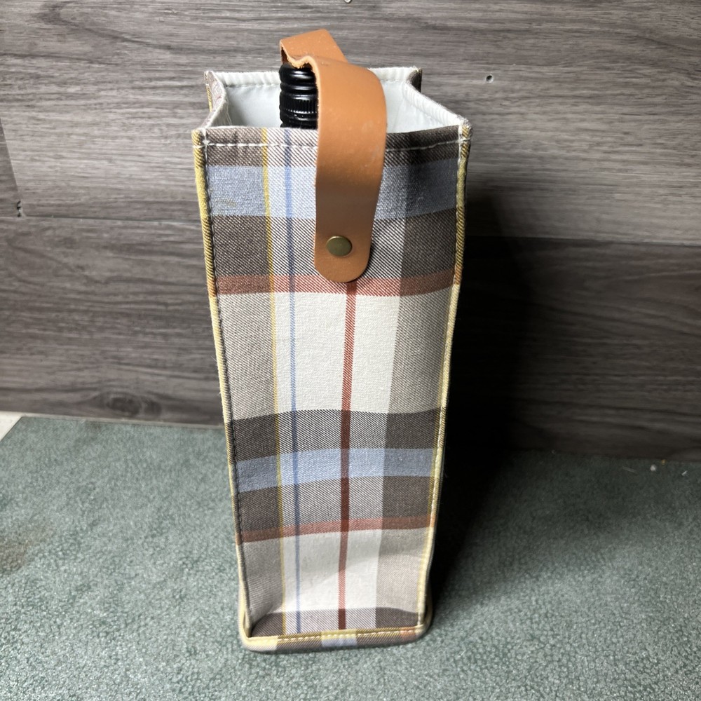 Threshold Plaid Canvas Wine Bag With Leather Handle Brown/White