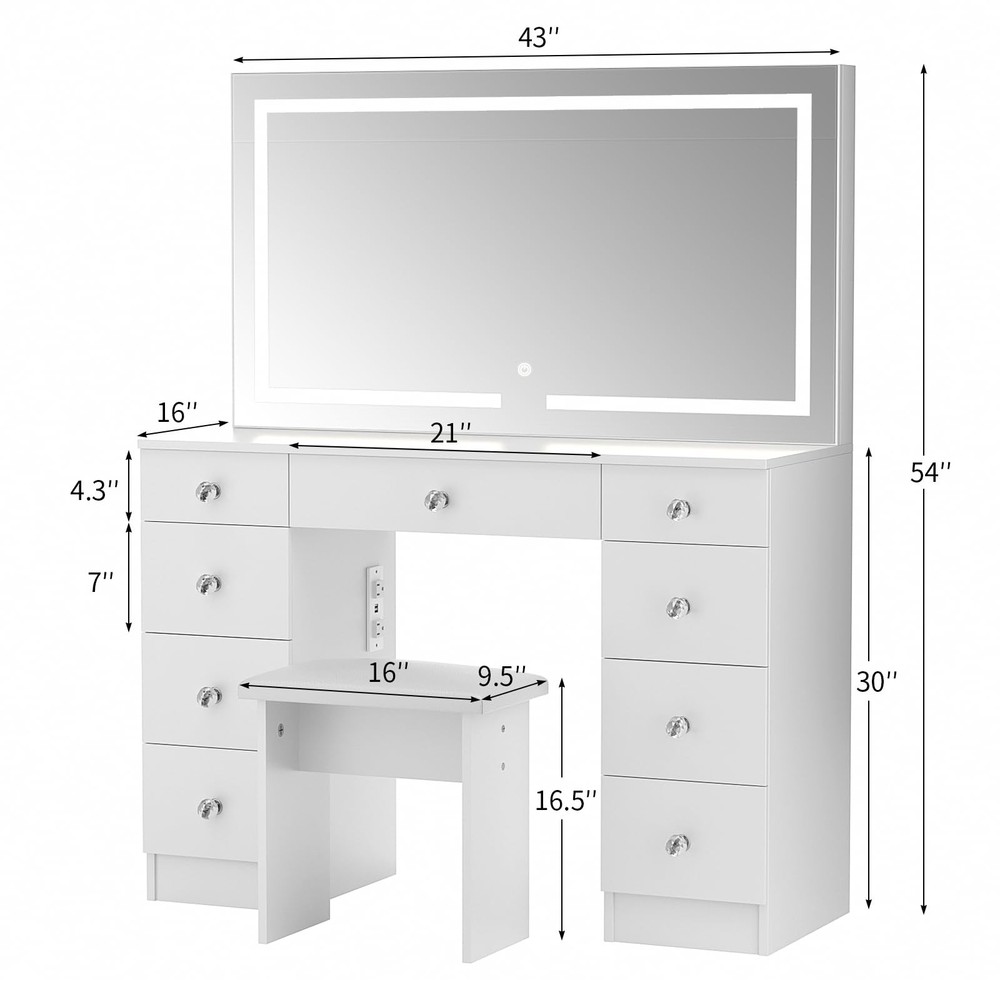 VOWNER Vanity With Lighted Mirror - Makeup Desk Power Large, White