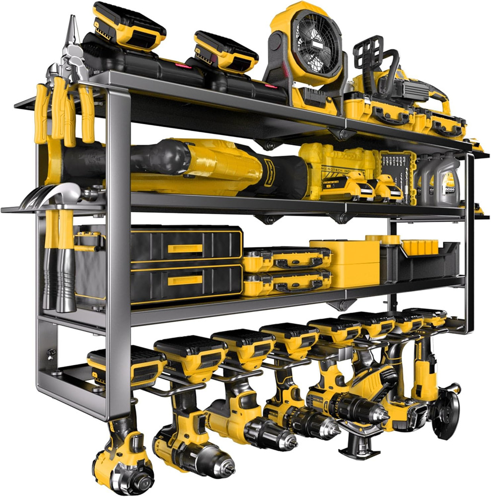 Large Power Tool Organizer Wall Mount, 4-Tier Rack with Charging Station & 8 Dri