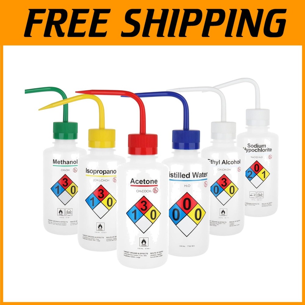 Lab Rinse Squeeze Bottles, Printed Labels, 6PCS