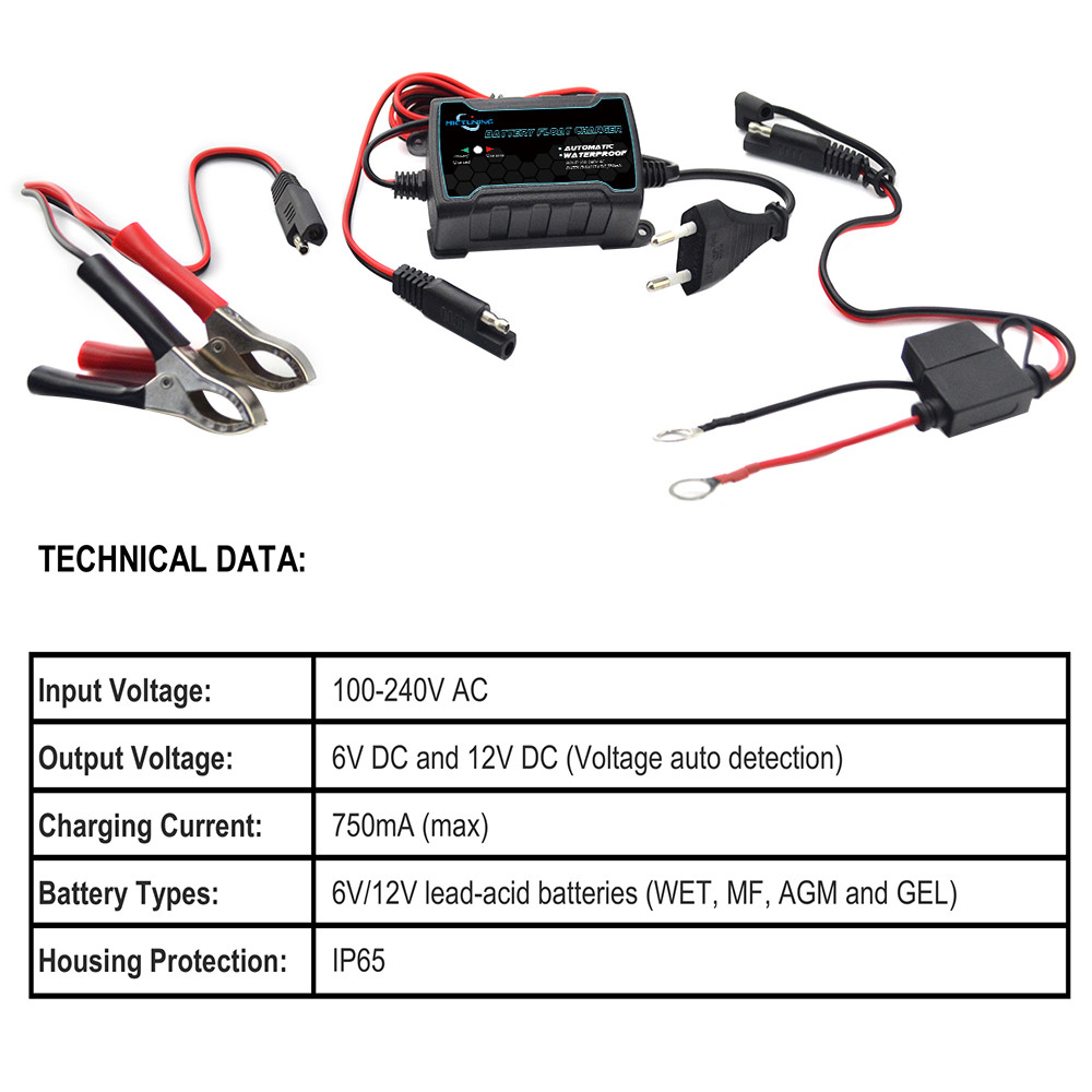 MICTUNING 6V 12V Intelligent Fully Automatic Battery Float Charger / Maintainer