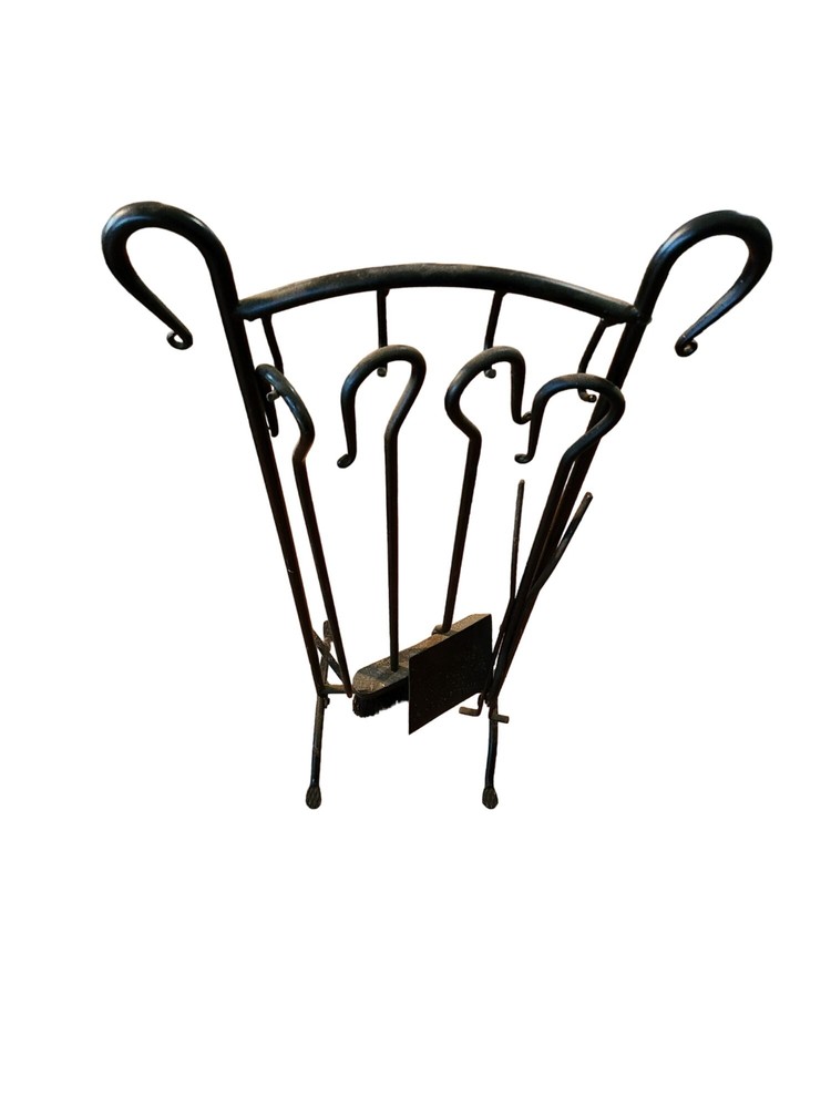 Vintage Black Wrought Iron Fireplace Tool Set With Stand