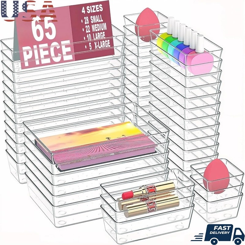 Durable Stackable Drawer Organizer 65 Bins Easy Clean Non-Slip Storage New