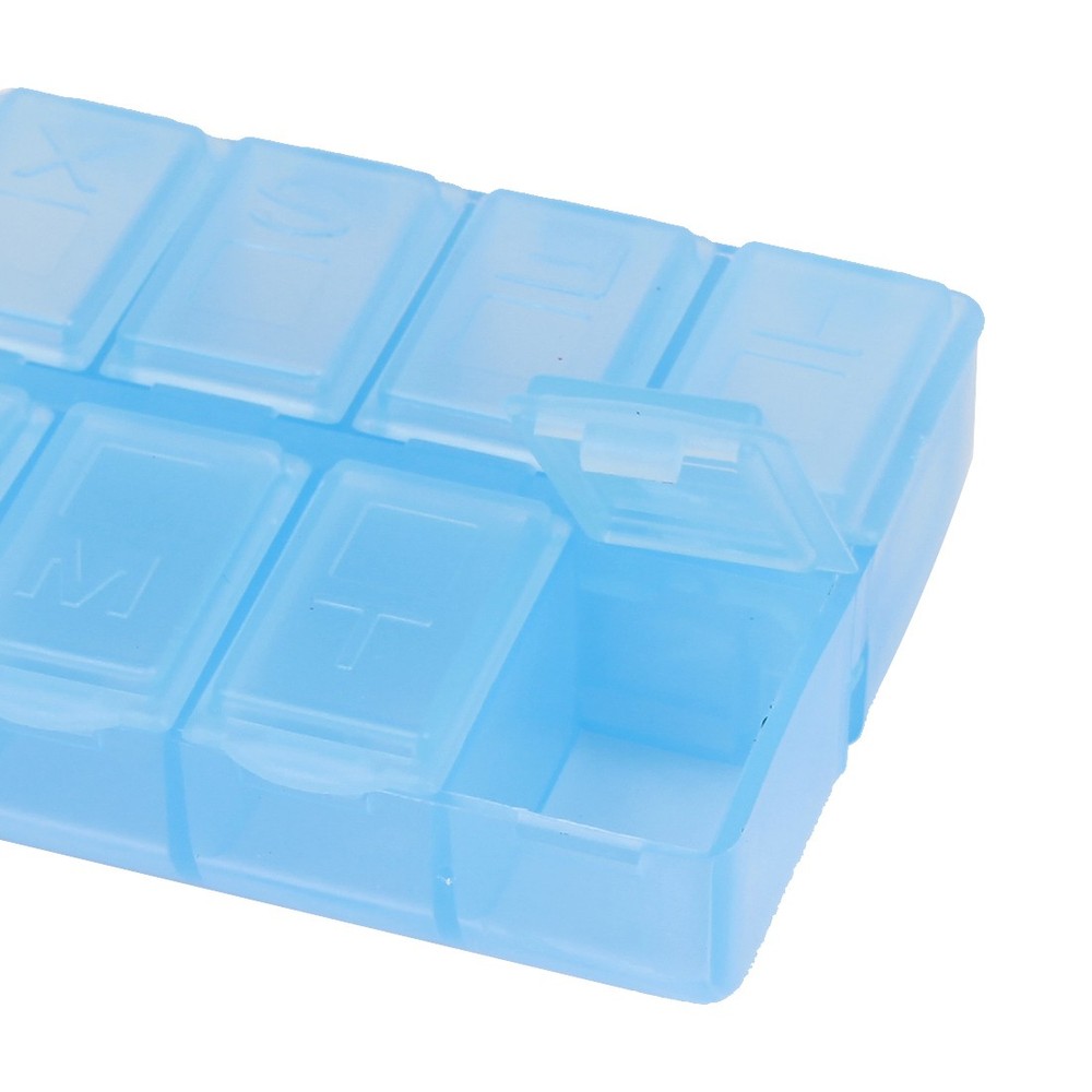2Pcs Light Blue Plastic Rectangle 8 Compartment Pill Storage Case Box Holder