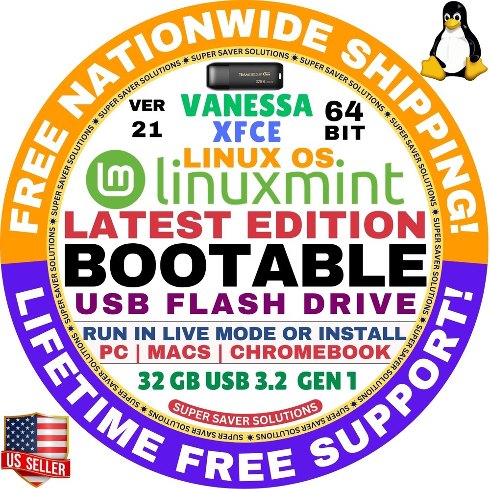 Linux MINT 21 USB VANESSA XFCE 64-Bit Live Boot, Full Install works on MAC, PC