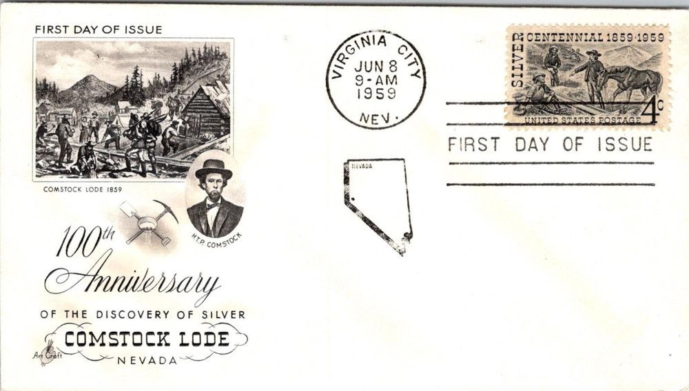 NEVADA SILVER COMSTOCK  LODE SILVER 1959 ARTCRAFT CACHET FDC UNADDR