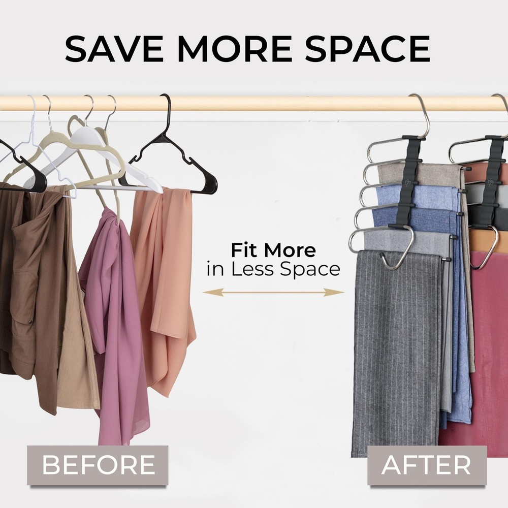 Pants Hangers Space Saving - 2 Pack - Non-Slip Multi-Layer Space Saving Hange...