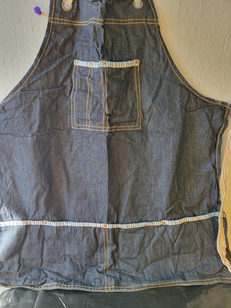 Denim Work Apron with Striped Trim, Adjustable Straps