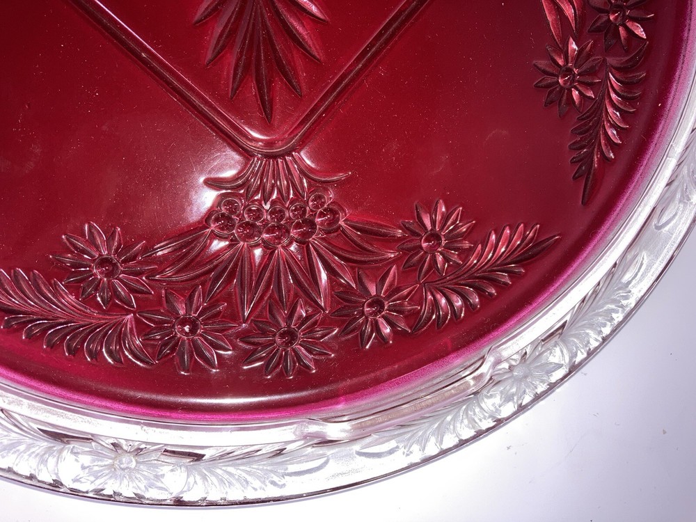 Vintage Mercury Silver Ruby Red Platter Stand Goofus Glass Beautiful